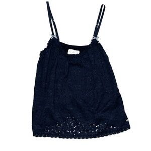 Y2K Abercrombie & Fitch Eyelet Lace Navy Babydoll Cami Bow Strap Top Size M